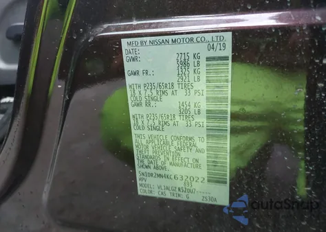 2019 Nissan Pathfinder Sl из США, поврежденный, VIN 5N1DR2MN4KC632022